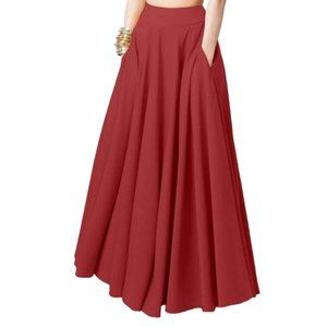 Wine Red High-Waist Maxi Skirt with Pockets